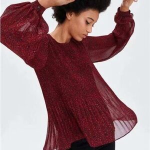 Zara TRF Pleated Long Sleeve Blouse cheetah print